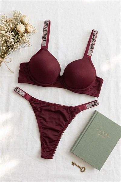 Mikro Kumaş Düz RenkTaşlı Destekli Sütyen Takımı Bordo