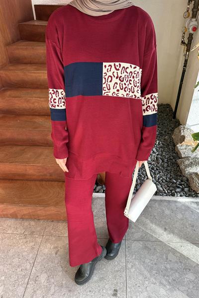 Desenli Triko Takım Bordo
