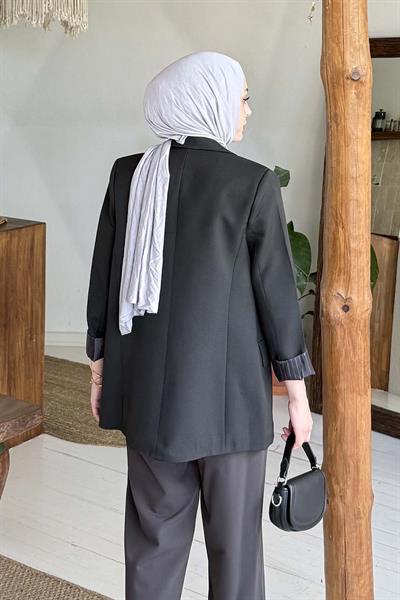 Çizgili Astarlı Tesettür Ceket Siyah
