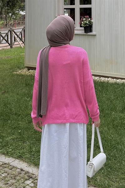 Kayık Yaka Triko Kazak Pembe