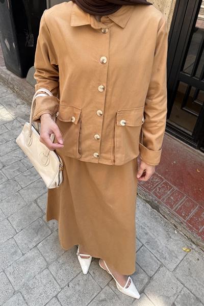 Cep Detaylı İkili Etek Tesettür Takım Camel