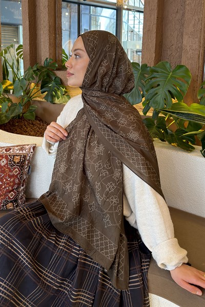 Geometrik Desen Bambu Şal Asker Yeşili