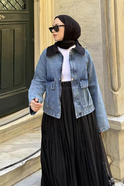 Çıtçıtlı Denim Ceket Mavi