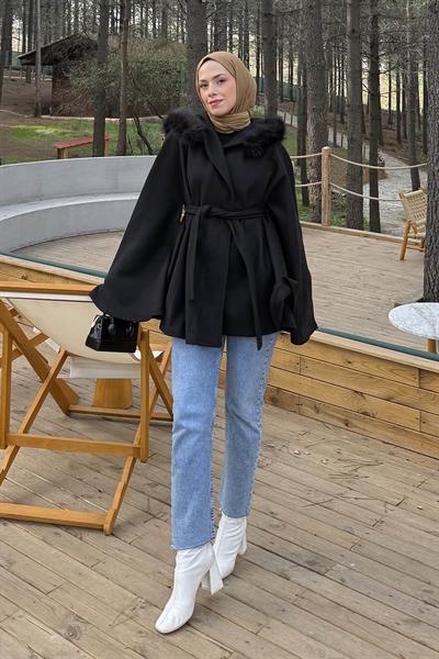 Kapüşonlu Panço Siyah