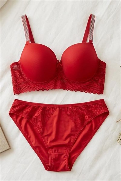 Desteksiz Balenli Büyük Beden Taş Detaylı Sütyen Takım Kırmızı