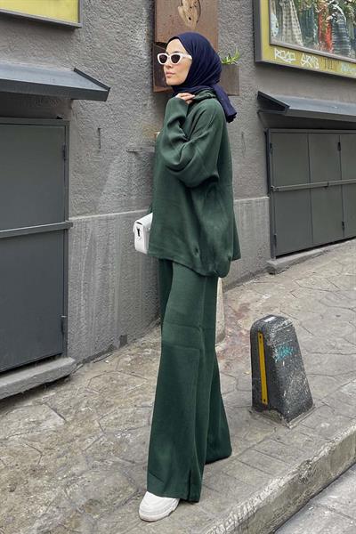 Selanik Pantalonlu Tesettür Takım Zümrüt Yeşili