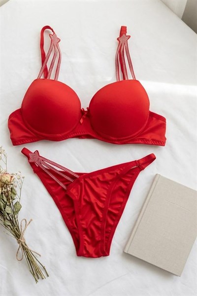 Taşlı Yıldız Detaylı Dolgulu Destekli Sütyen Takım Kırmızı