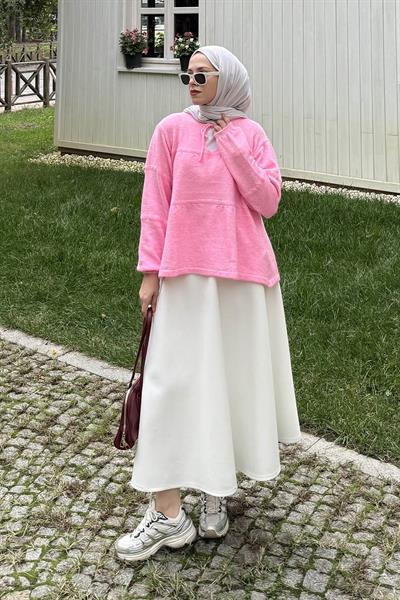 Yakası Bağcıklı Triko Kazak Pembe