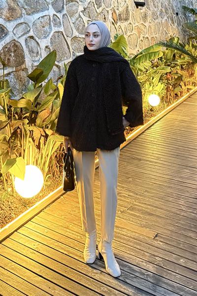 Sakal Kumaş Atkılı Kaban Siyah