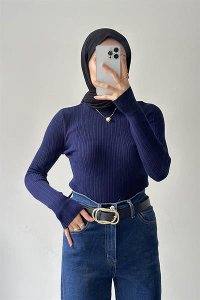 Bisiklet Yaka Fittilli Triko Body Lacivert