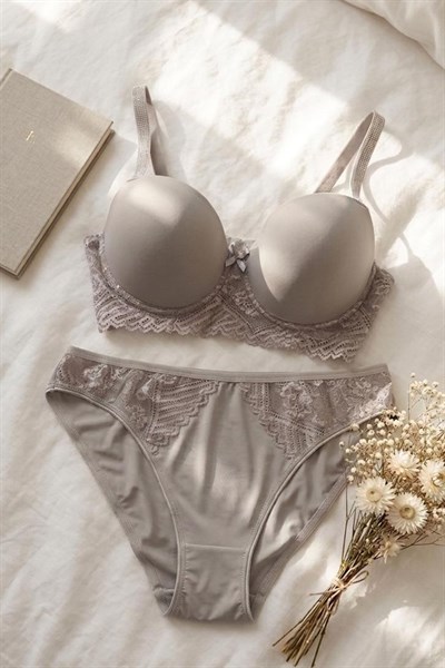 Desteksiz Balenli Büyük Beden Taş Detaylı Sütyen Takım vizonrengi