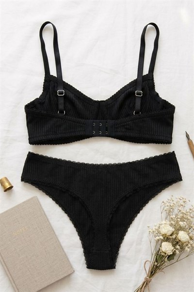 Fitilli Kaşkorse Sütyen Takım Siyah