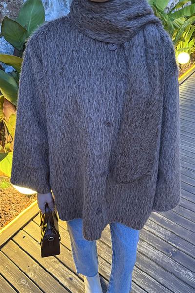 Peluş Atkılı Mont Sütlü Kahve