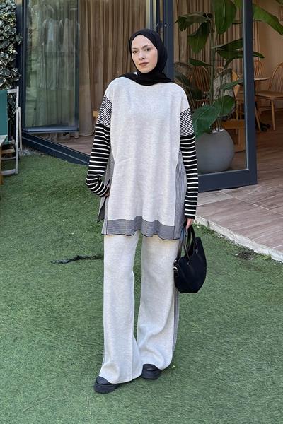 Yan Çizgili Panço Tesettür Takım Bej