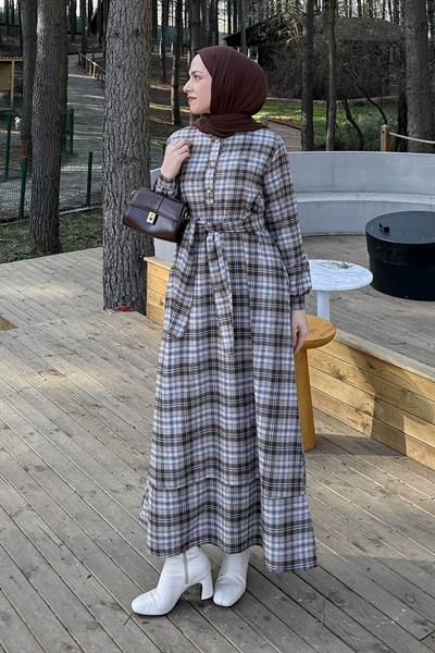 Ekose Desen Elbise Çikolata Kahve