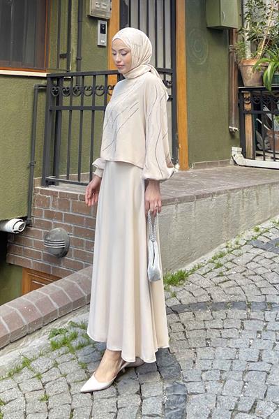 Premium Taş Detaylı Etekli Tesettür Takım Bej