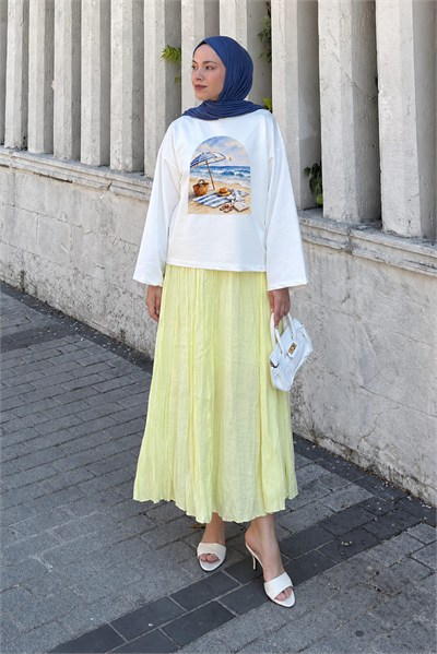 Basic Oversize Plaj  Baskılı Bluz Beyaz