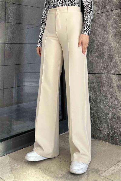 Çımalı Bol Paça Pantolon Krem
