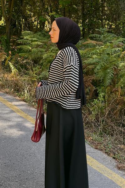 İnce Çizgili Triko Hırka Siyah