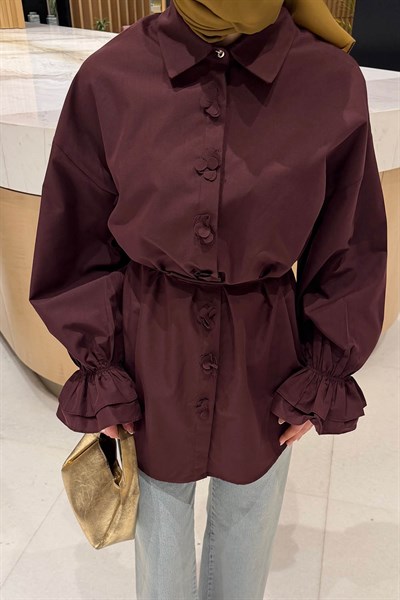 Fırfırlı Bağlama Detaylı Gömlek Mürdüm