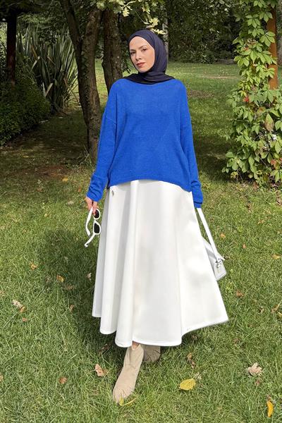 Kayık Yaka Triko Kazak Saks Mavisi