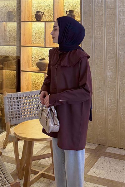 Bebe Yaka Dantel Detaylı Gömlek Mürdüm