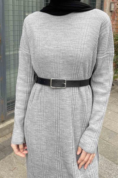 Fitilli Triko Uzun Elbise Gri