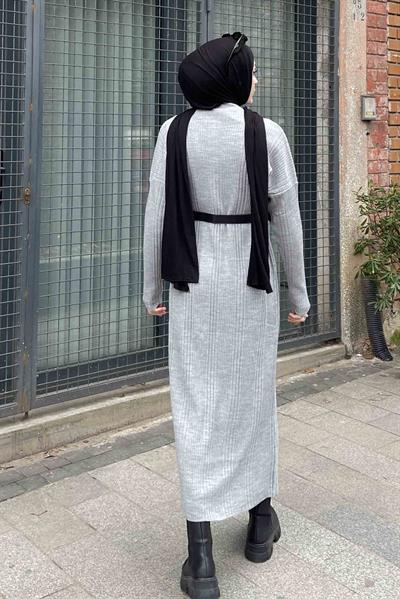 Fitilli Triko Uzun Elbise Gri