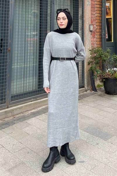 Fitilli Triko Uzun Elbise Gri