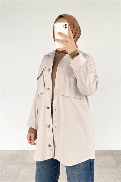 Kapaklı İki Cepli Tahta Düğmeli Gömlek Gri