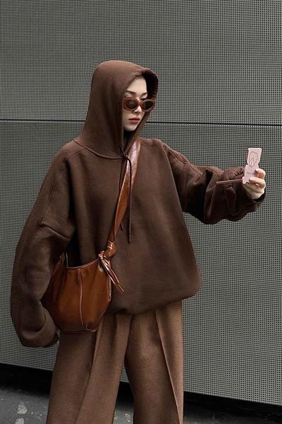 Kapüşonlu Oversize Yan Cepli Sweat Acı Kahverengi