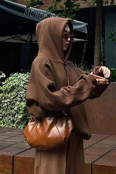Kapüşonlu Oversize Yan Cepli Sweat Acı Kahverengi