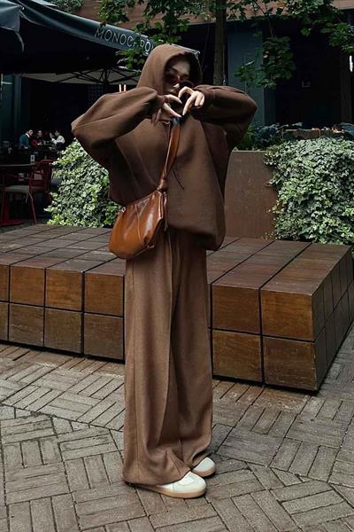 Kapüşonlu Oversize Yan Cepli Sweat Acı Kahverengi