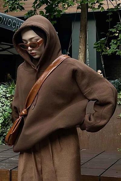 Kapüşonlu Oversize Yan Cepli Sweat Acı Kahverengi