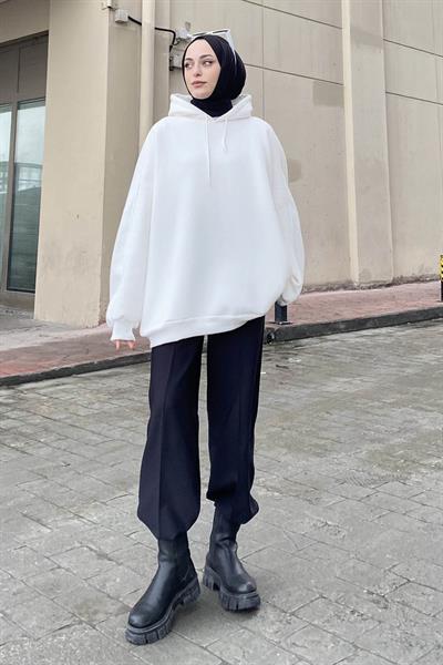 Kapüşonlu Oversize Yan Cepli Sweat Beyaz