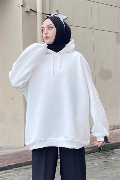 Kapüşonlu Oversize Yan Cepli Sweat Beyaz