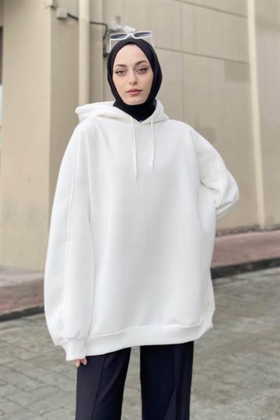 Kapüşonlu Oversize Yan Cepli Sweat Beyaz
