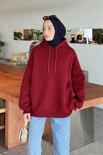 Kapüşonlu Oversize Yan Cepli Sweat Bordo