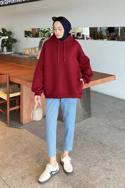 Kapüşonlu Oversize Yan Cepli Sweat Bordo