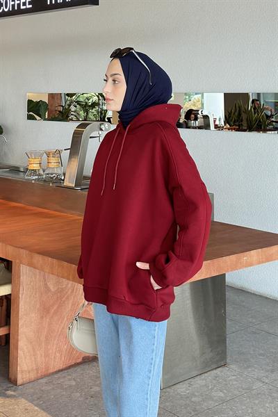 Kapüşonlu Oversize Yan Cepli Sweat Bordo