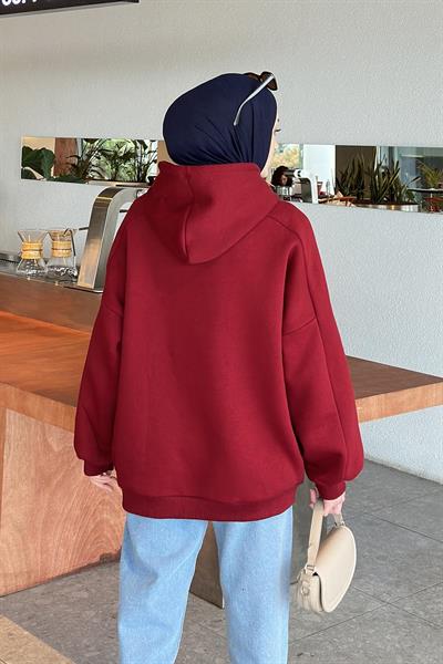 Kapüşonlu Oversize Yan Cepli Sweat Bordo