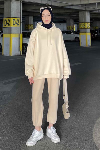 Kapüşonlu Oversize Yan Cepli Sweat Krem