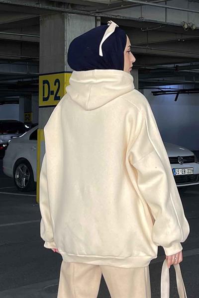 Kapüşonlu Oversize Yan Cepli Sweat Krem