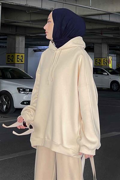 Kapüşonlu Oversize Yan Cepli Sweat Krem