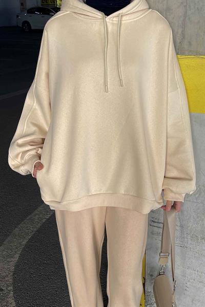 Kapüşonlu Oversize Yan Cepli Sweat Krem