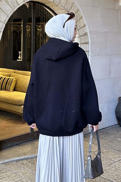 Kapüşonlu Oversize Yan Cepli Sweat Lacivert