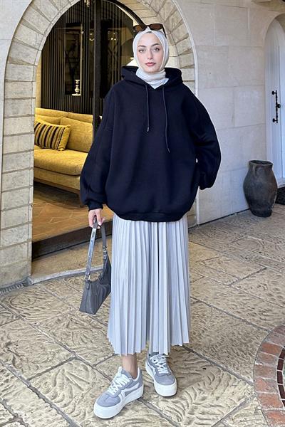 Kapüşonlu Oversize Yan Cepli Sweat Lacivert