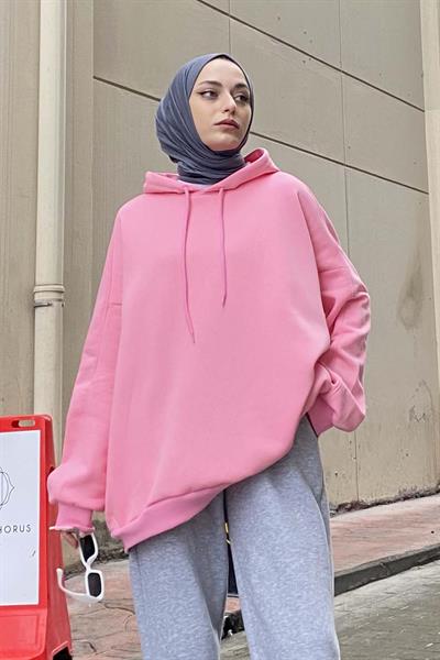 Kapüşonlu Oversize Yan Cepli Sweat Pudra