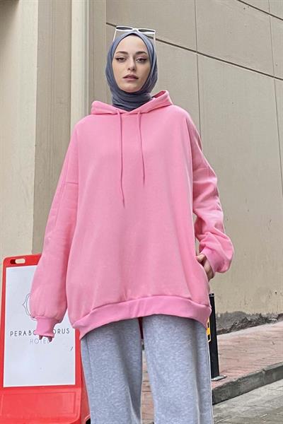 Kapüşonlu Oversize Yan Cepli Sweat Pudra