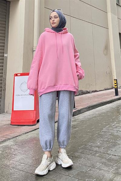 Kapüşonlu Oversize Yan Cepli Sweat Pudra